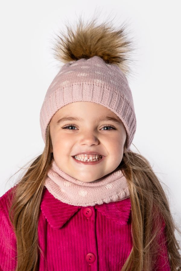 Czapka zimowa dziewczęca włóczkowa z futrzanym pomponem