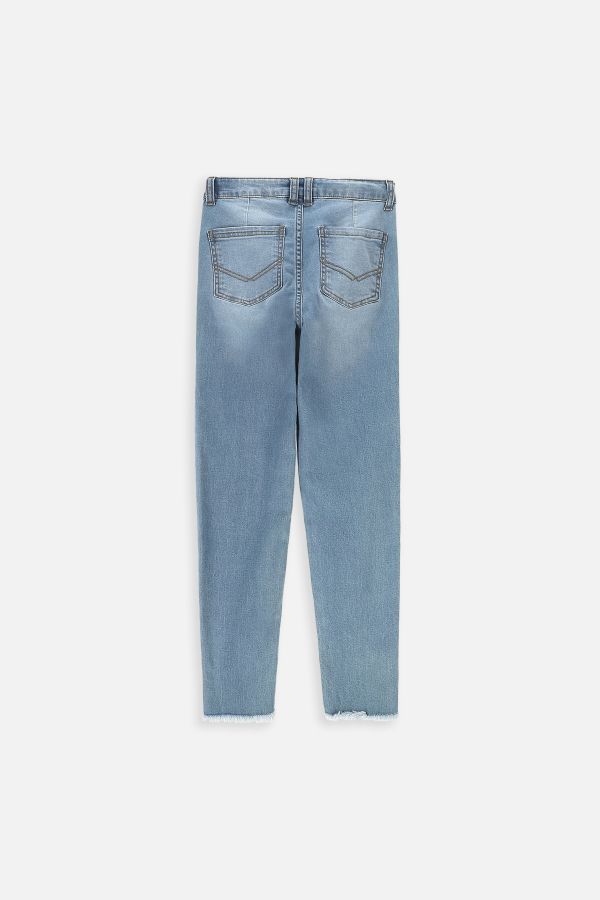 Spodnie jeansowe granatowe ze zwężaną postrzępioną nogawką, SLIM LEG 2219330
