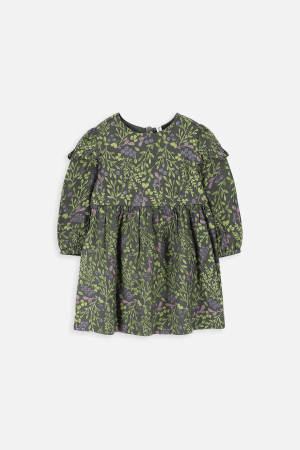 Sukienka tkaninowa zielona z printem w kwiaty i falbankami na rękawach 2219805