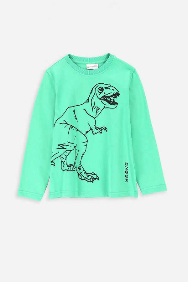 T-shirt z długim rękawem zielony z nadrukiem dinozaura