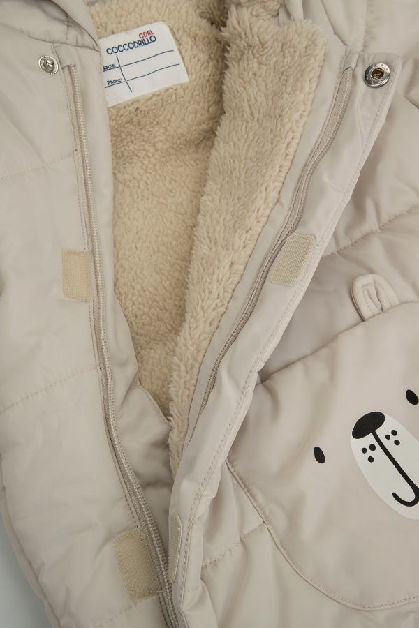 Kurtka zimowa beżowa pikowana z kapturem i rękawiczkami 2219824