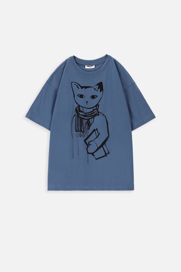 T-shirt z krótkim rękawem niebieski z kotem intelektualistą