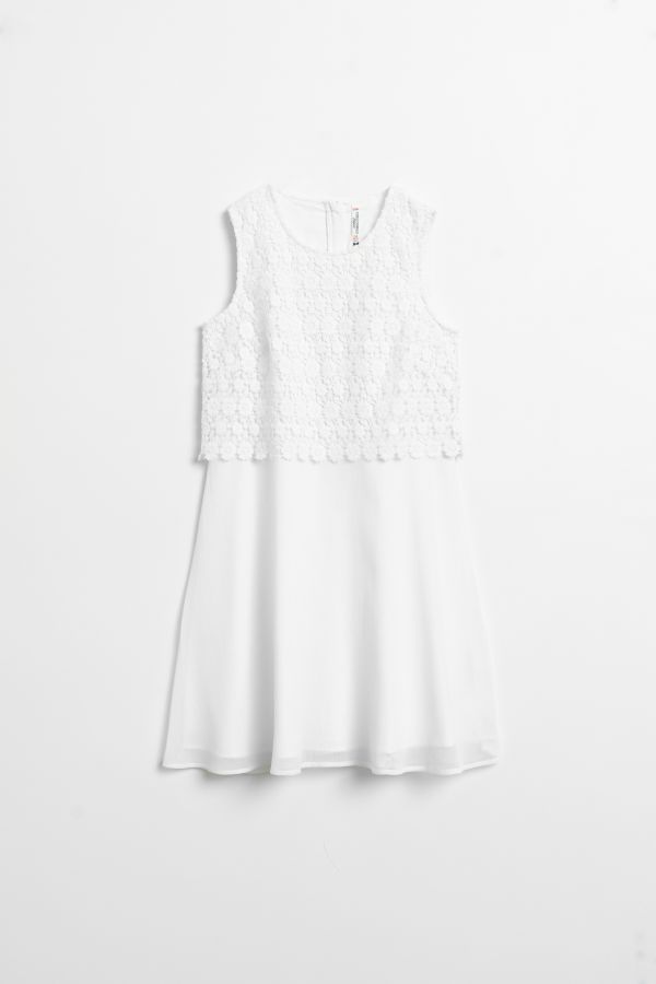 Sukienka tkaninowa bez rękawów wykończona koronką w kolorze białym