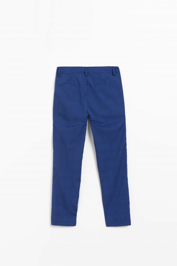Spodnie tkaninowe eleganckie spodnie garniturowe granatowe w kratkę z kantem 2155340