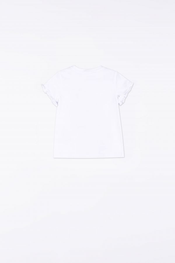 T-shirt z krótkim rękawem w kolorze białym z pieskiem i ozdobną falbanką 2158694