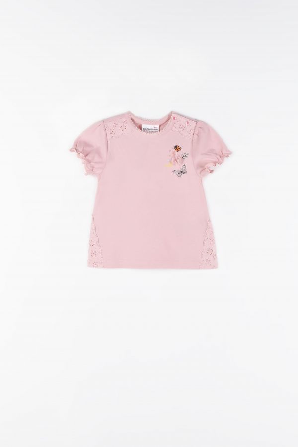 T-shirt z krótkim rękawem różowy z ażurowym haftem