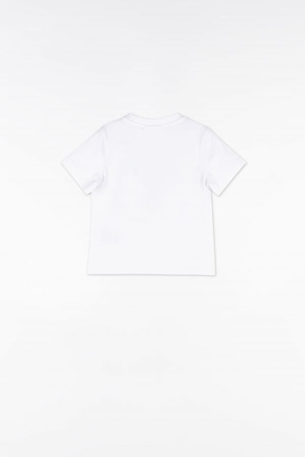 T-shirt z krótkim rękawem biały z kolorowym nadrukiem i lampasami na rękawach 2159328