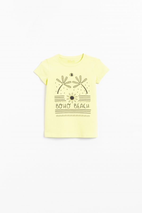 T-shirt z krótkim rękawem żółty z nadrukiem w wakacyjnym klimacie