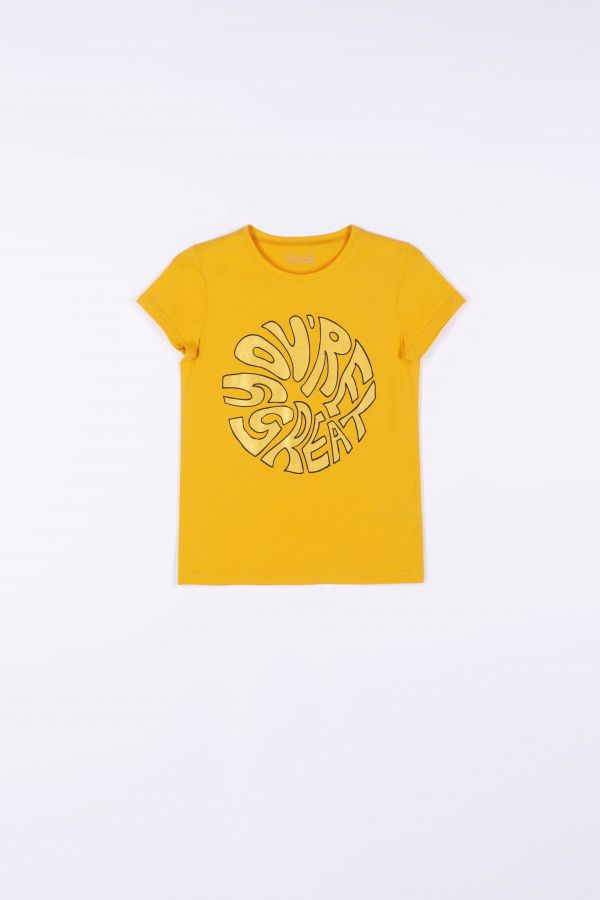 T-shirt z krótkim rękawem W kolorze żółtym z metalizowanym napisem  2159825