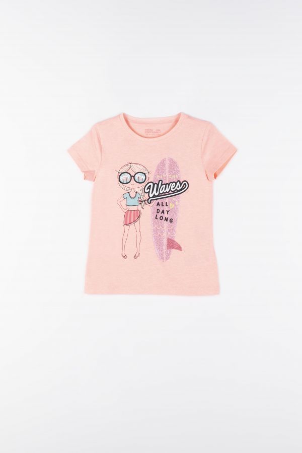 T-shirt z krótkim rękawem różowy z brokatowym nadrukiem z przodu