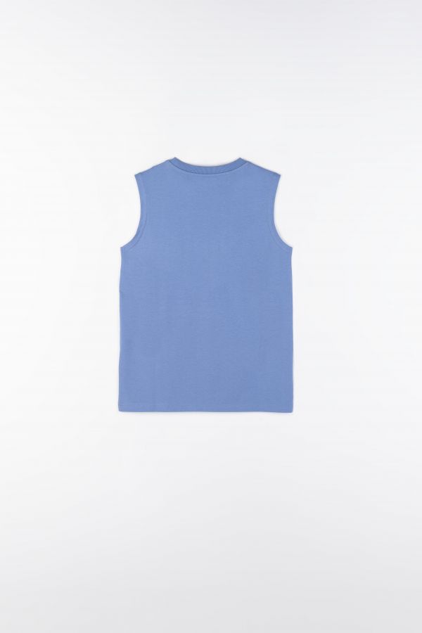 T-shirt bez rękawów niebieski z kolorowym nadrukiem z przodu 2159932