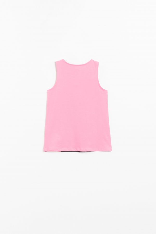 T-shirt bez rękawów różowy z kocim nadrukiem z przodu 2159937