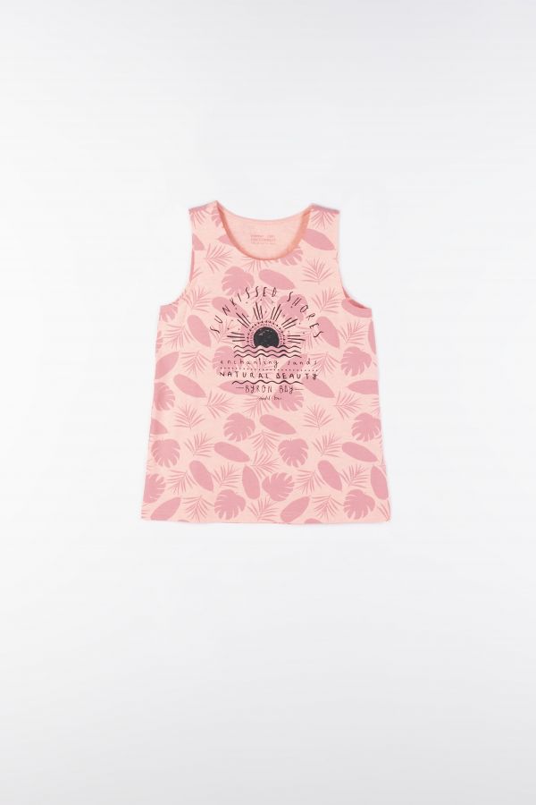 T-shirt bez rękawów różowy z nadrukiem w liście i aplikacją w stylu boho 2160007