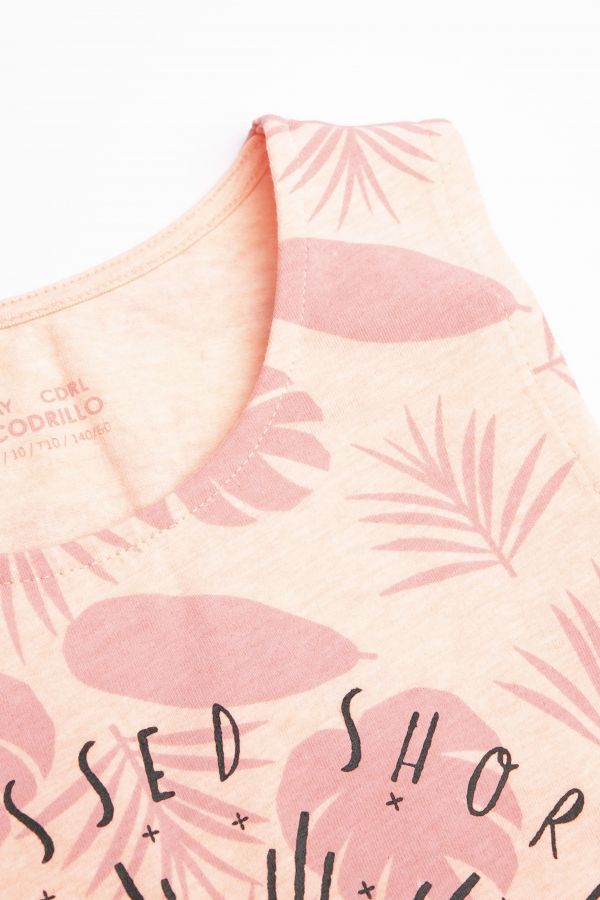 T-shirt bez rękawów różowy z nadrukiem w liście i aplikacją w stylu boho 2160009