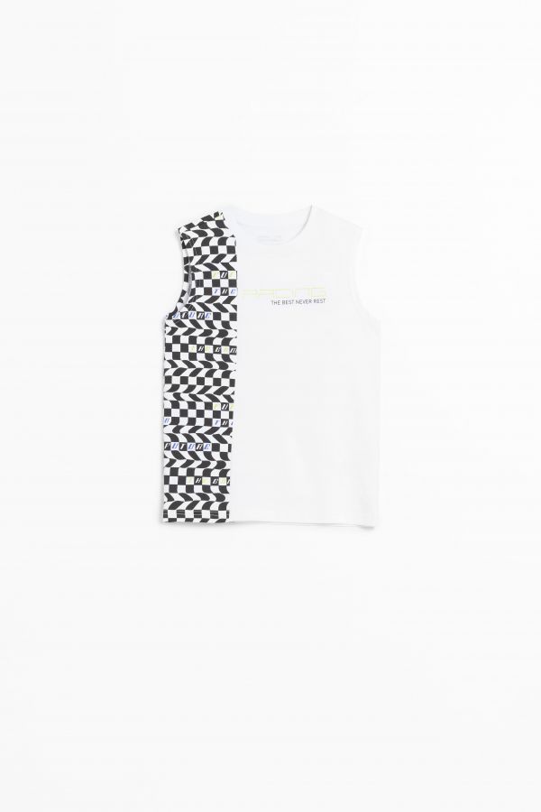 T-shirt bez rękawów biały z geometrycznym nadrukiem z boku
