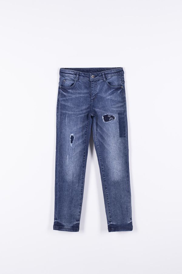 Spodnie jeansowe z efektem sprania i ozdobnymi przetarciami o fasonie SLIM