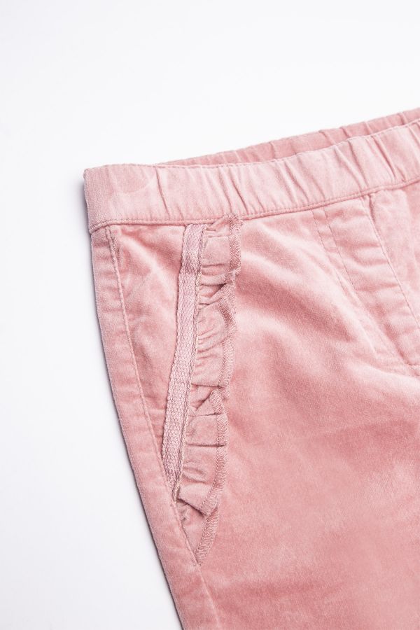 Spodnie tkaninowe w kolorze różowym z ozdobnymi falbankami 2194317