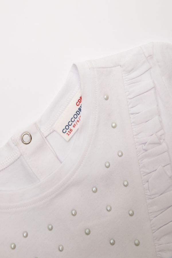 T-shirt z długim rękawem biały zdobiony falbankami i perełkami 2114902