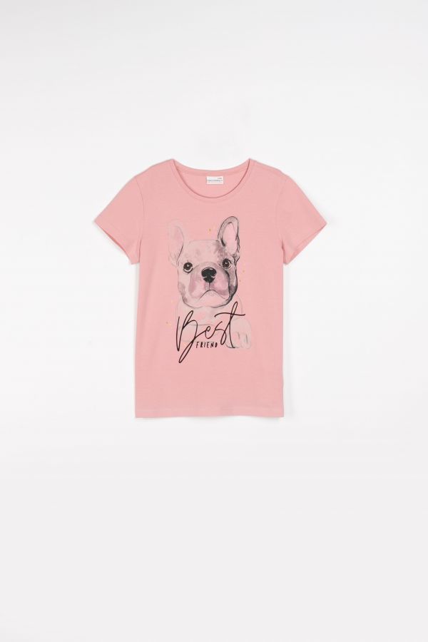 T-shirt z krótkim rękawem różowy z nadrukiem psa