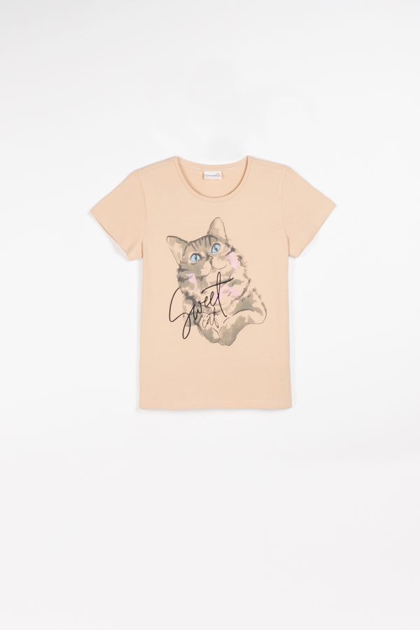 T-shirt z krótkim rękawem beżowy z nadrukiem kota