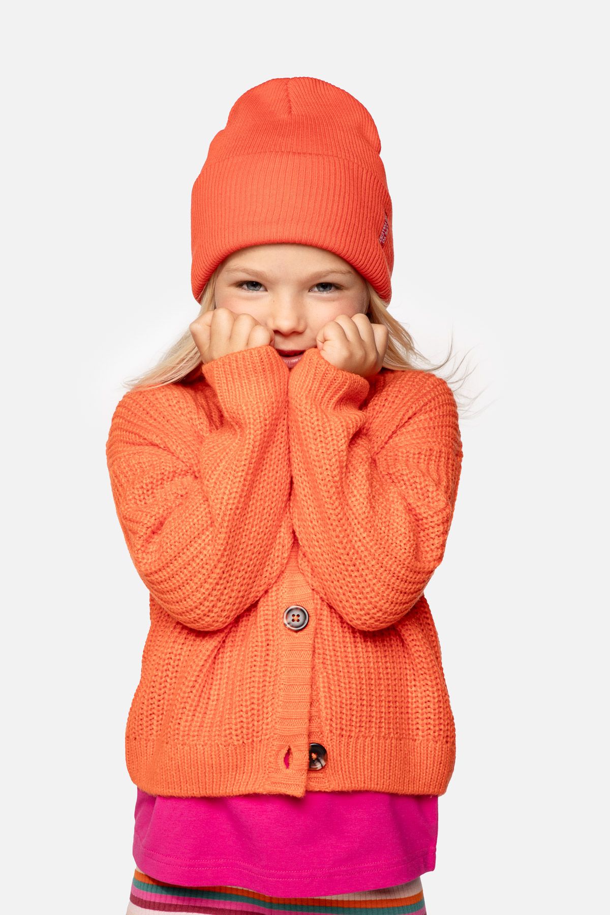 Sweter rozpinany pomarańczowy prążkowany z dekoltem w serek 2222375