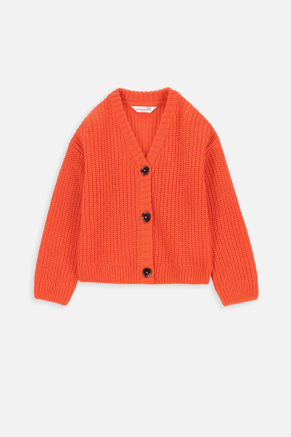 Sweter rozpinany pomarańczowy prążkowany z dekoltem w serek 2221499